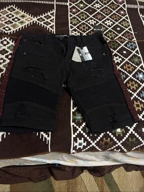 Men's Black Distressed Jean Shorts with Red Side Trim